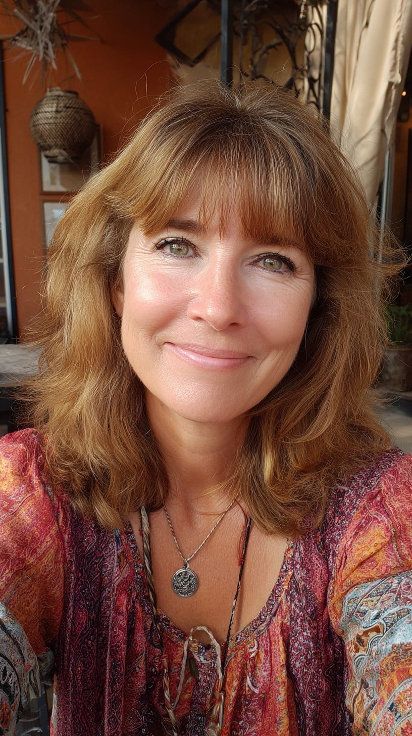 Sun-Kissed Shoulder-Length Layers with Breezy Brow-Grazing Bangs
