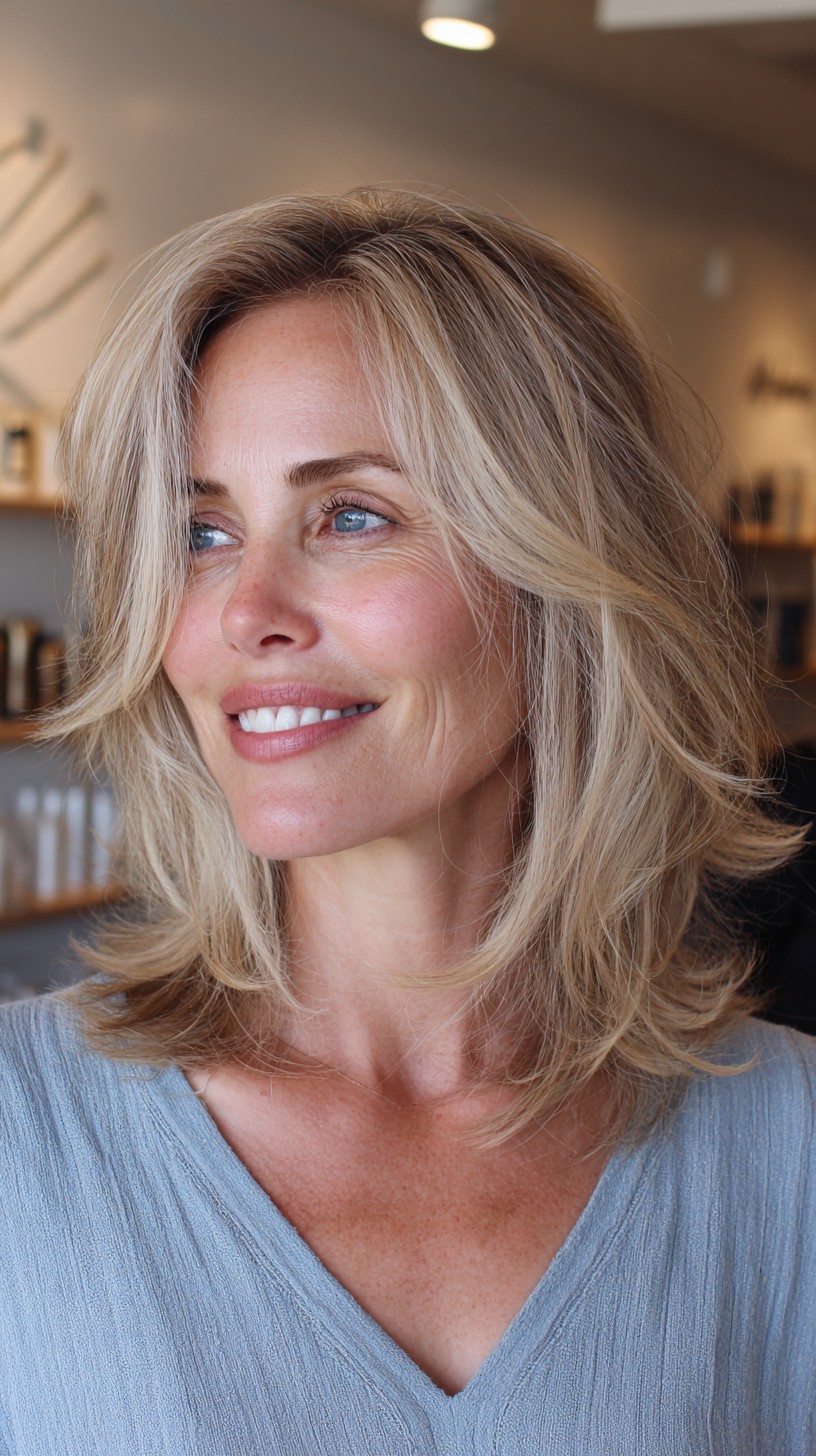 Sunlit Blonde Mid-Length Feathered Wolf Shag with Lifted Layers