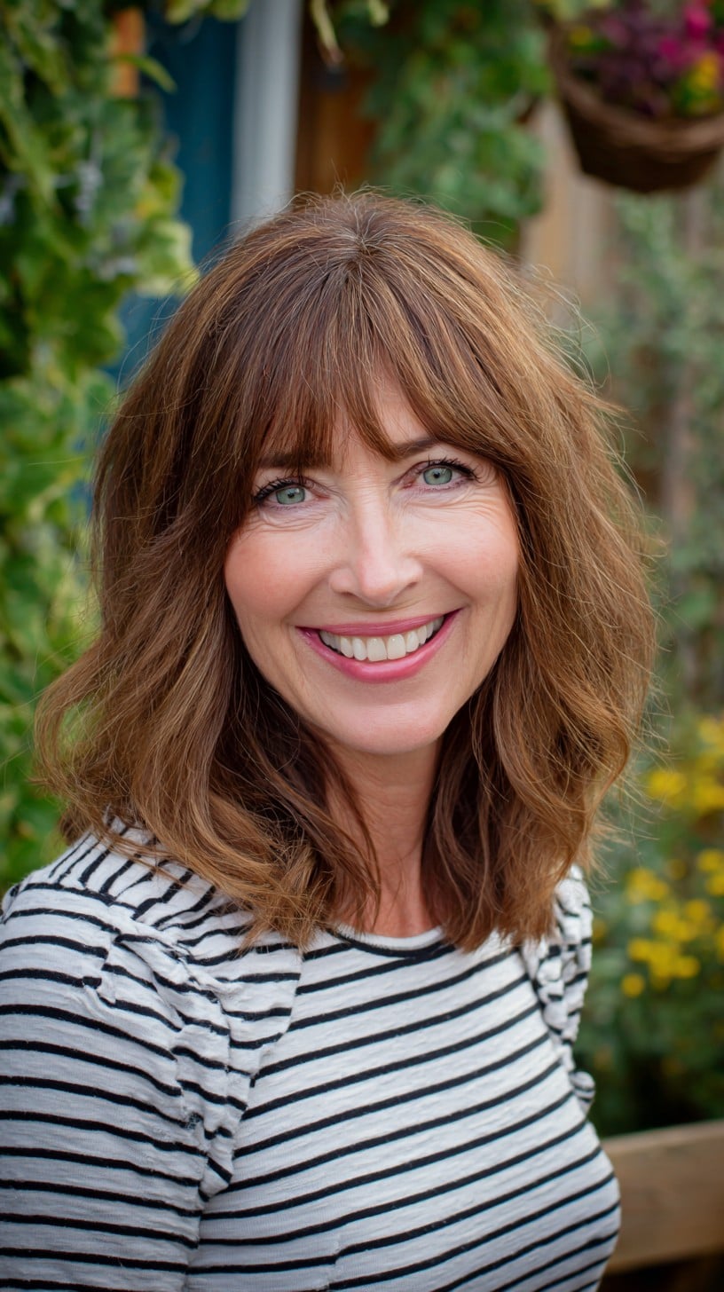 Textured Shoulder-Grazing Lob with Shaggy Brow-Skimming Bangs and Subtle Salt-and-Pepper Root Peek
