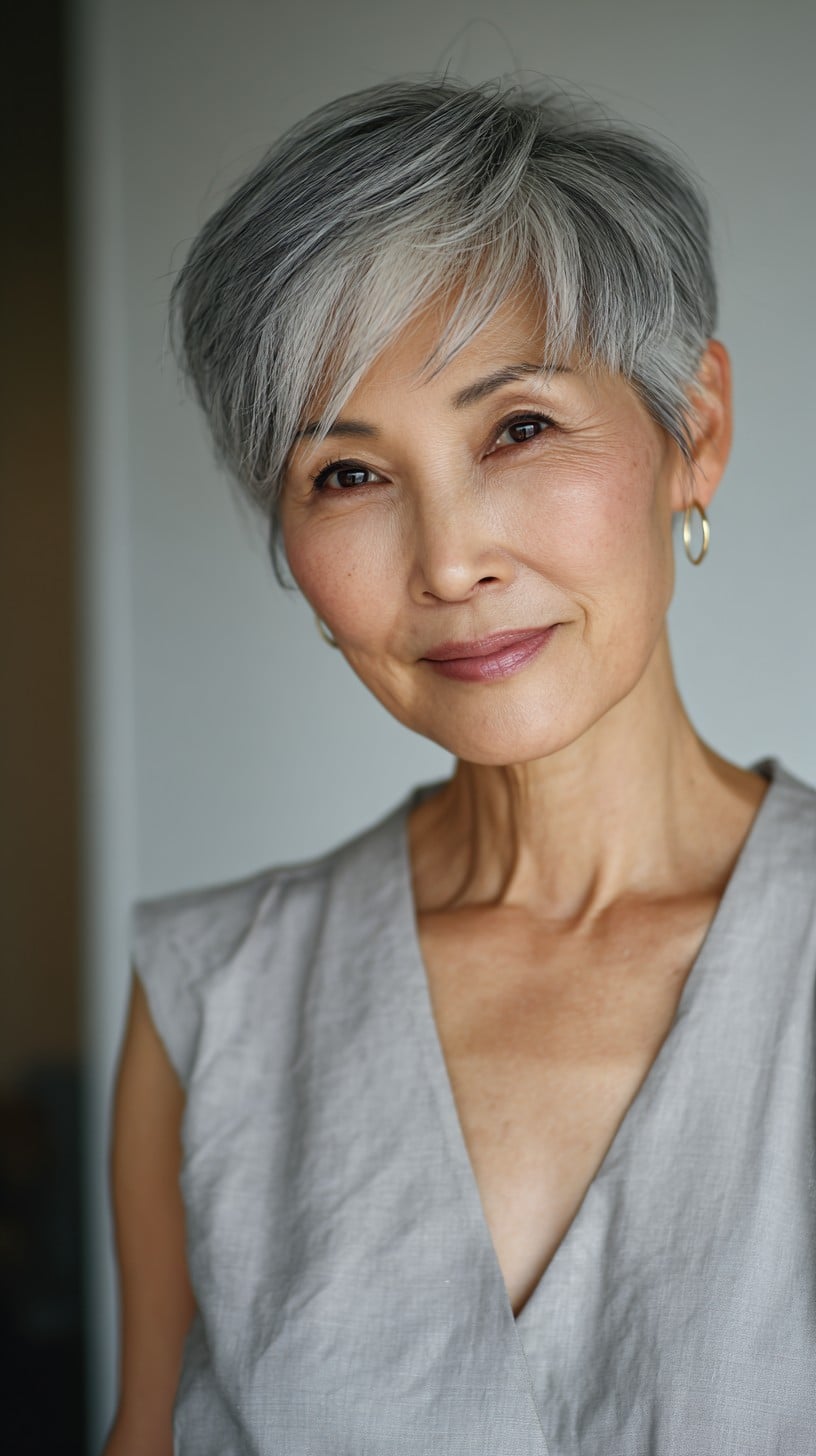 Textured Silver Pixie with Long Side-Swept Fringe