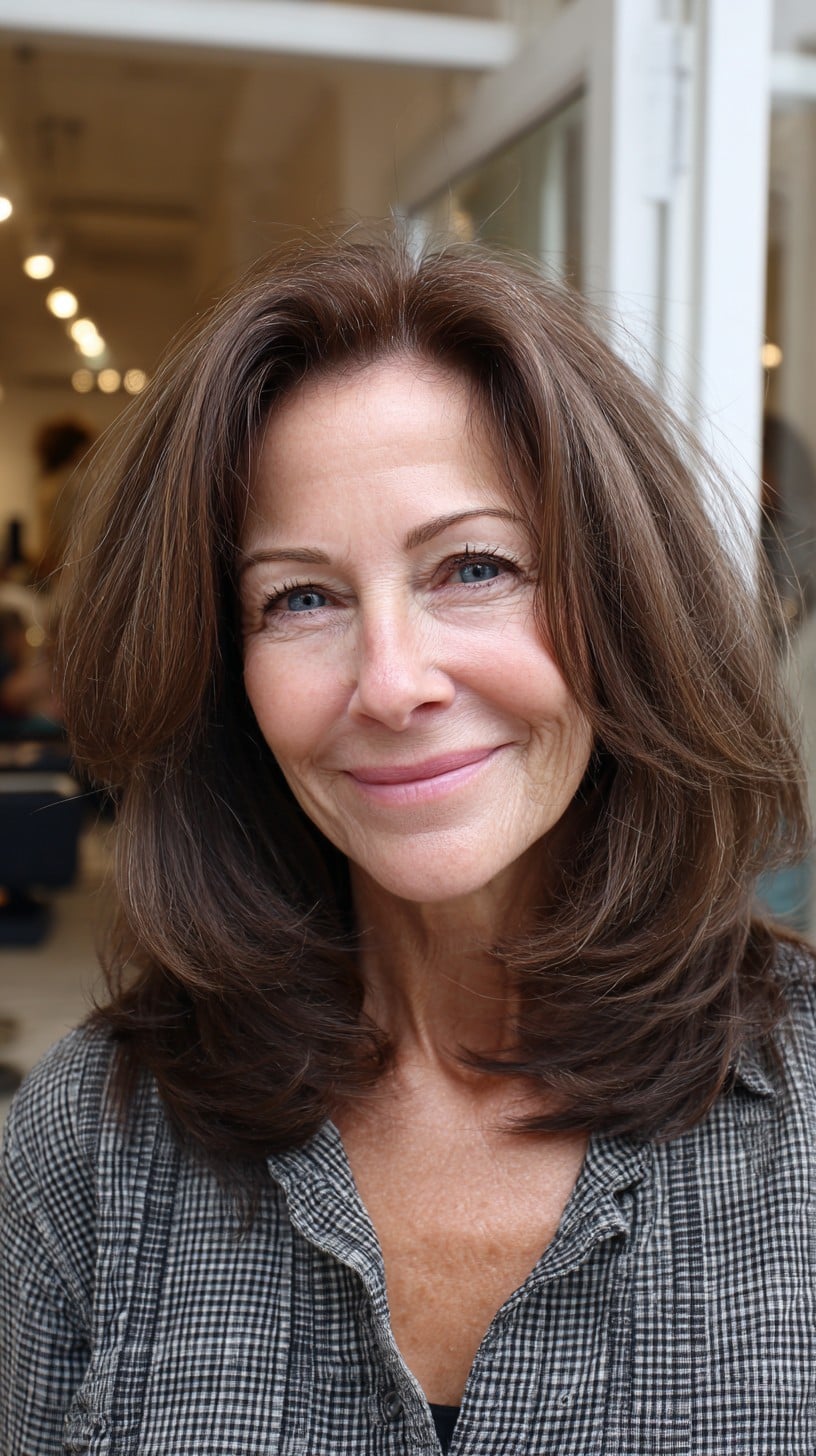 Voluminous Chestnut Layered Mid-Length with Face-Framing Lift