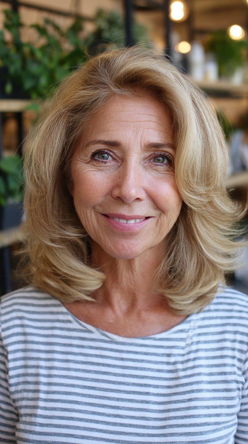 Voluminous Shoulder-Length Blowout with Face-Framing Graduation