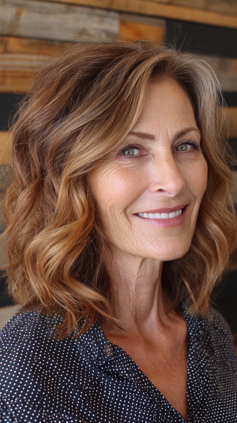 Warm Bronde Textured Shoulder-Length Waves with Lived-In Root Melt