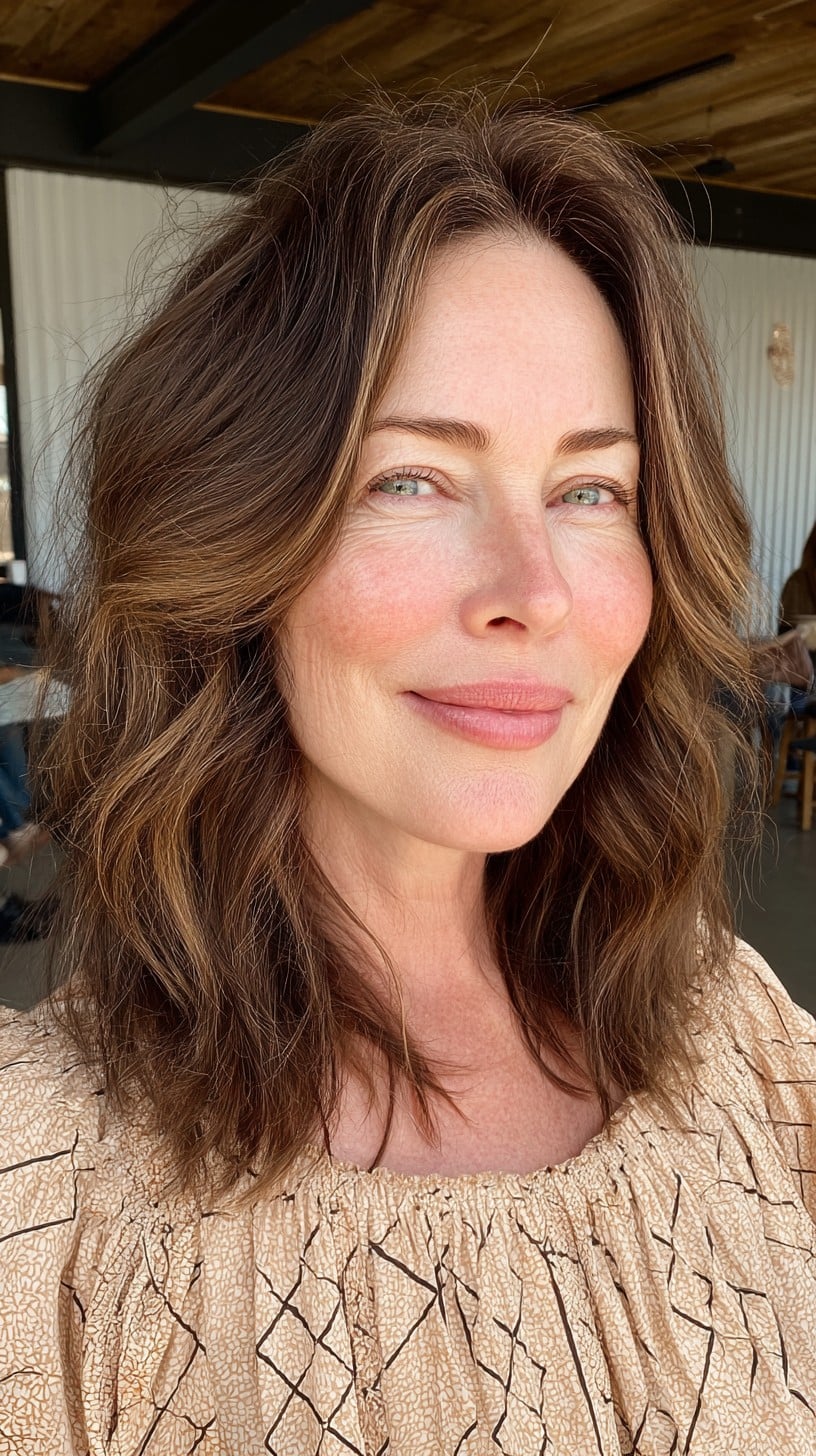 Warm Brunette Shoulder-Grazing Layers with Subtle Root Smudge