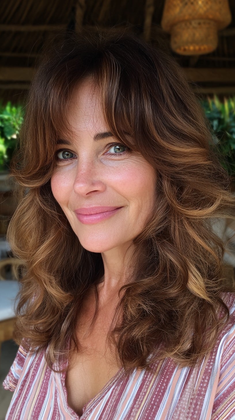 Warm Caramel Face-Framing Layers with Wispy Curtain Fringe