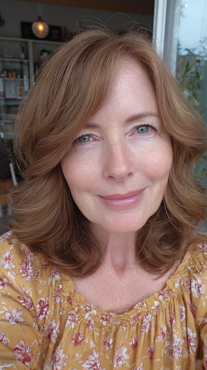 Warm Caramel Face-Framing Medium Cut with Feathered Curtain Fringe