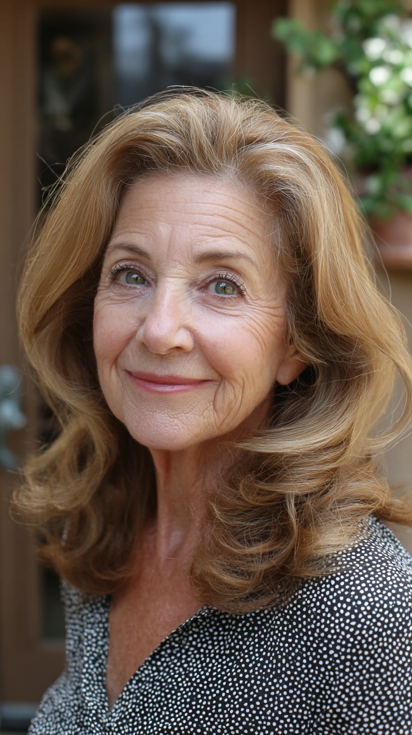 Warm Caramel Root-Melt Medium-Length Blowout with Interior Layers