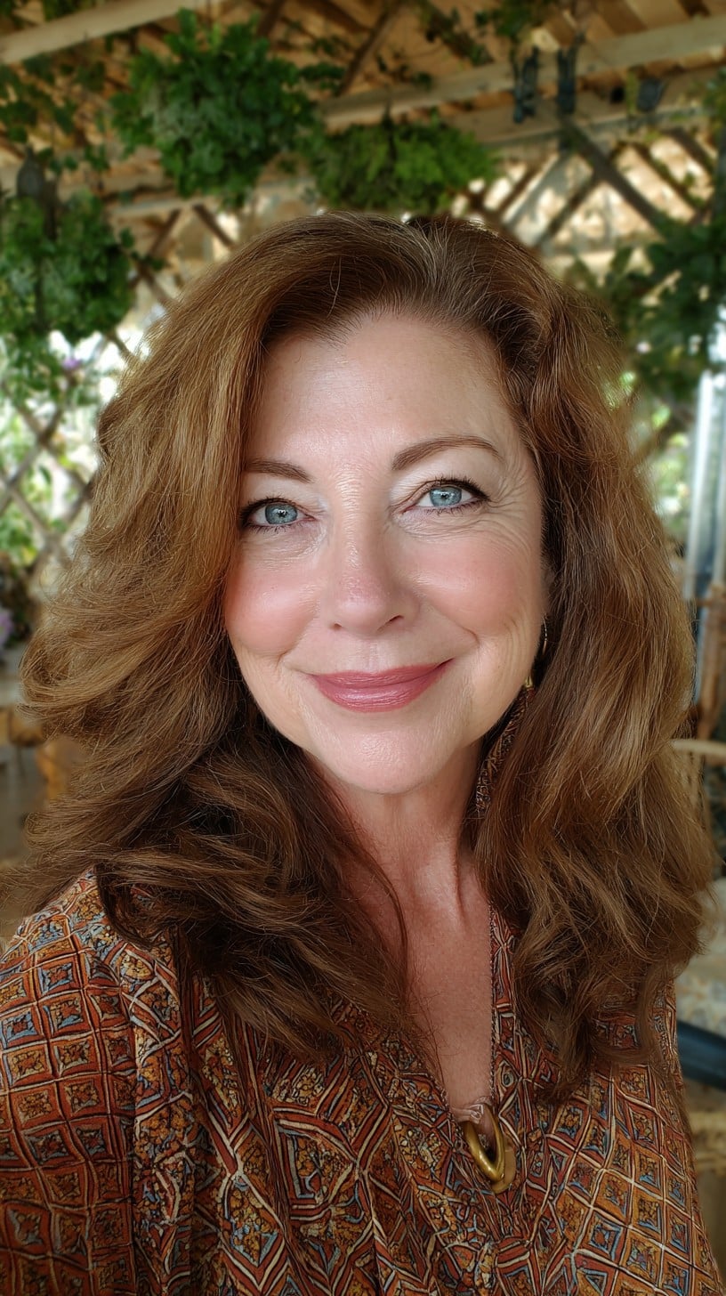 Warm Chestnut Feathered Medium-Length Cut with Crown Lift and Face-Framing Layers