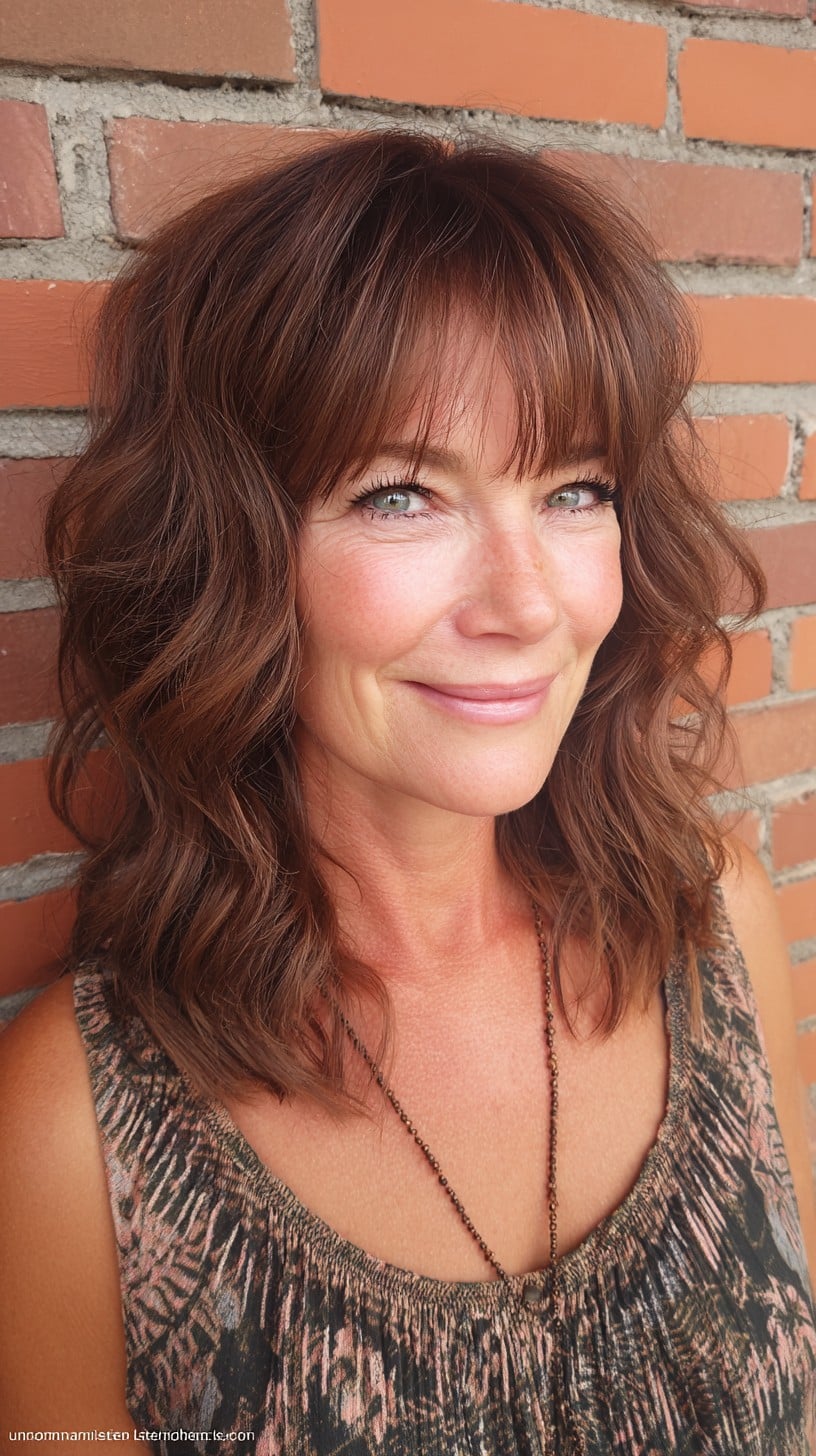 Warm Chestnut Mid-Length Waves with Textured Feathered Fringe