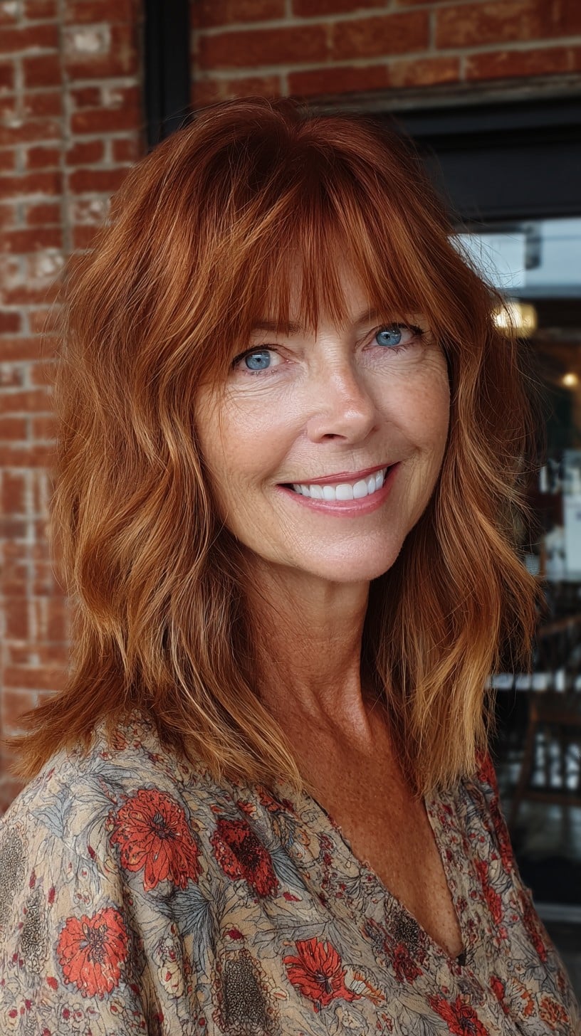 Warm Copper Feathered Shoulder-Length Cut with Wispy Fringe