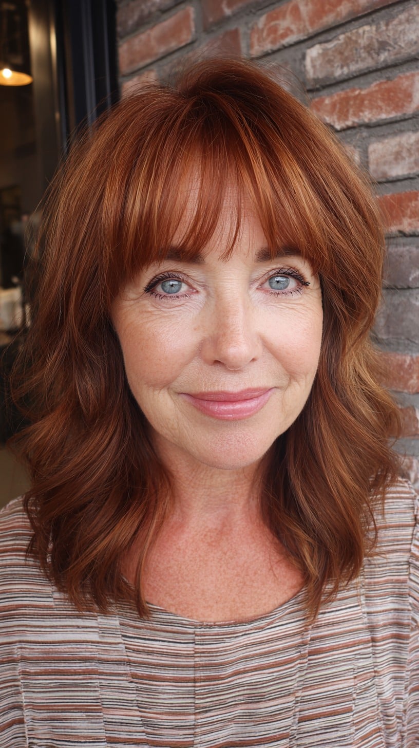 Warm Copper Shoulder-Length Layers with Sheer Brow Fringe
