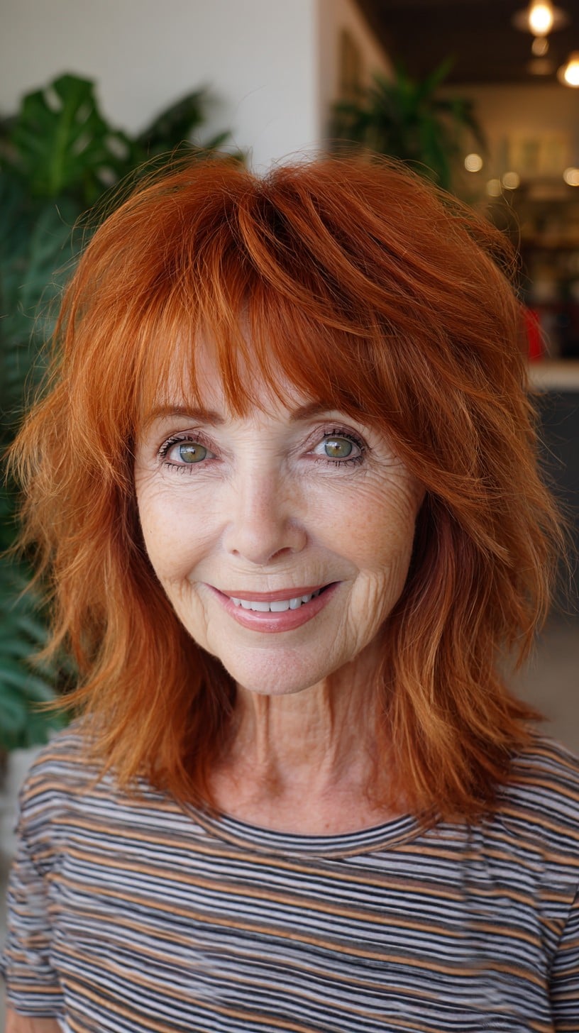 Airy Copper Layered Lob with Blunt Bardot Fringe and Soft Tapered Ends