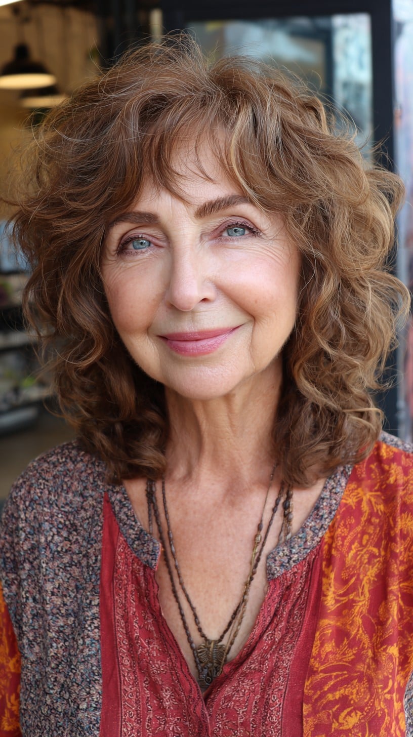 Chestnut Curly Shoulder Shag with Wispy Micro-Bangs and Silver Blend