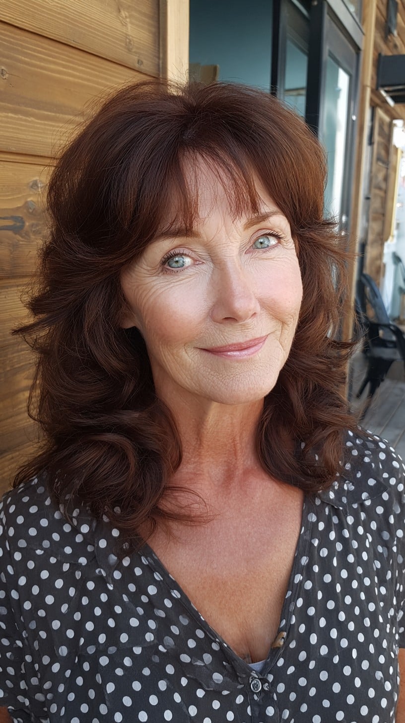 Chestnut Mid-Length Shag with Soft Feathered Fringe and Crown Lift