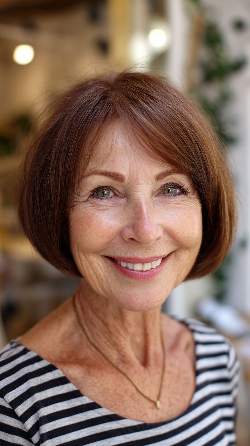 Chestnut Chin-Length Stacked Bob with Soft Side Part
