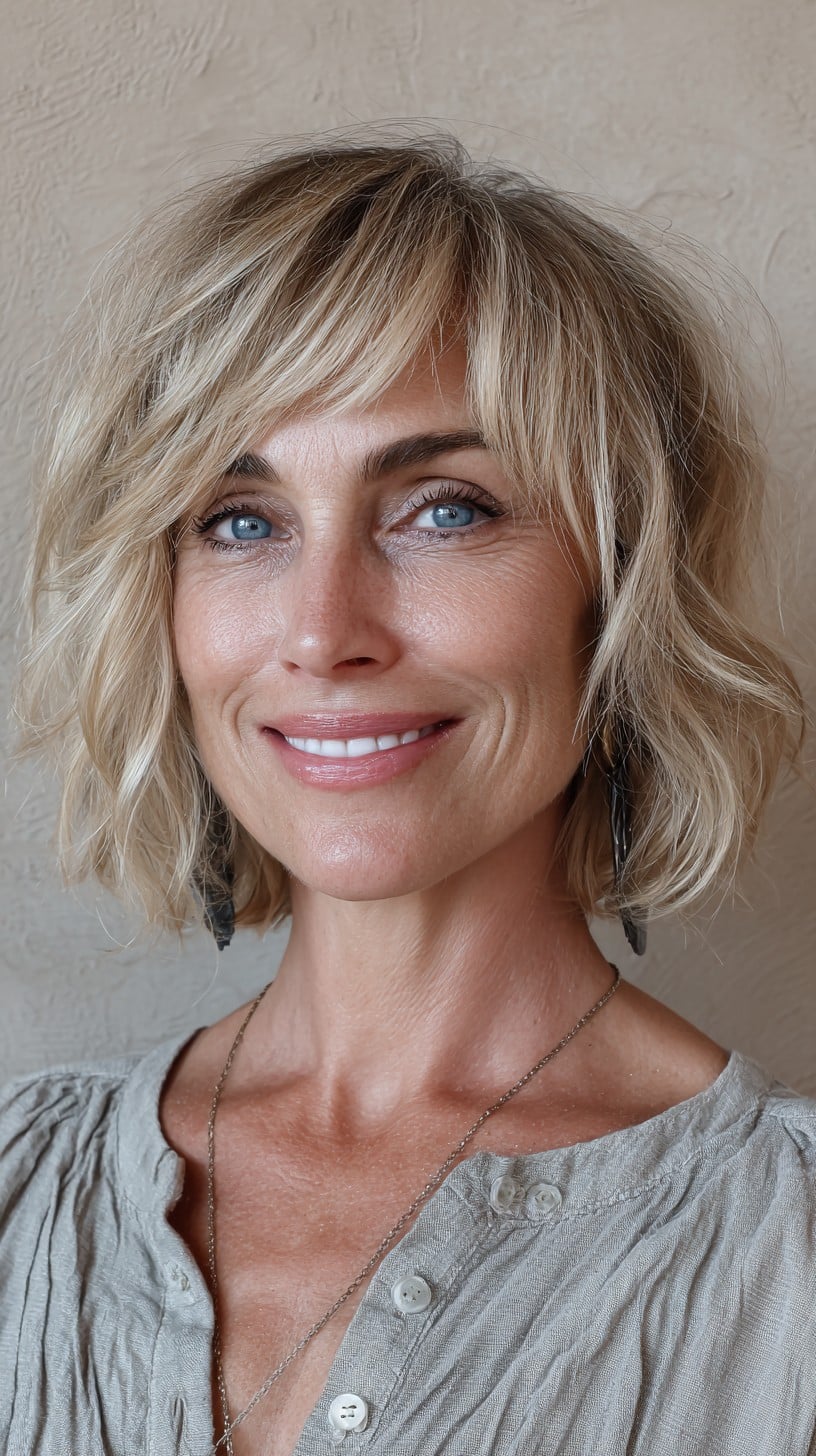 Choppy Blonde Chin-Length Hush Cut with Soft Shifted Fringe