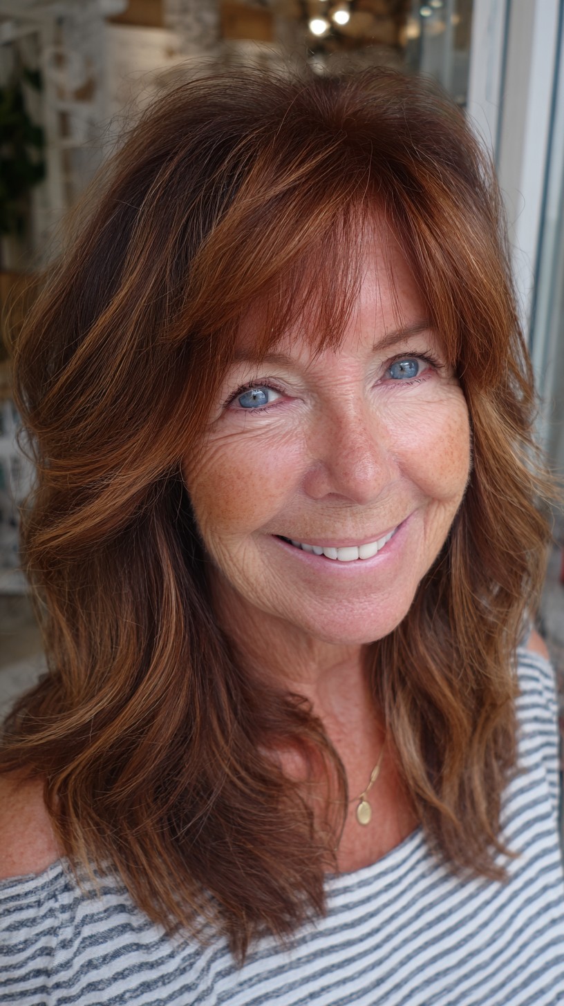 Cinnamon Chestnut Layered Lob with Soft Wispy Fringe