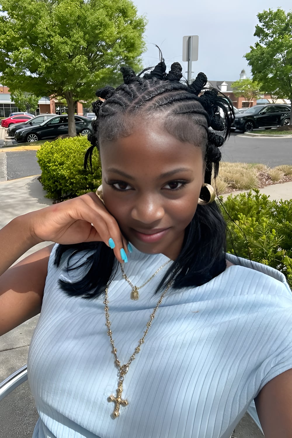 Crowned Cornrows with Mini Bantu Knot Ends and Shoulder-Length Silk-Pressed Ends