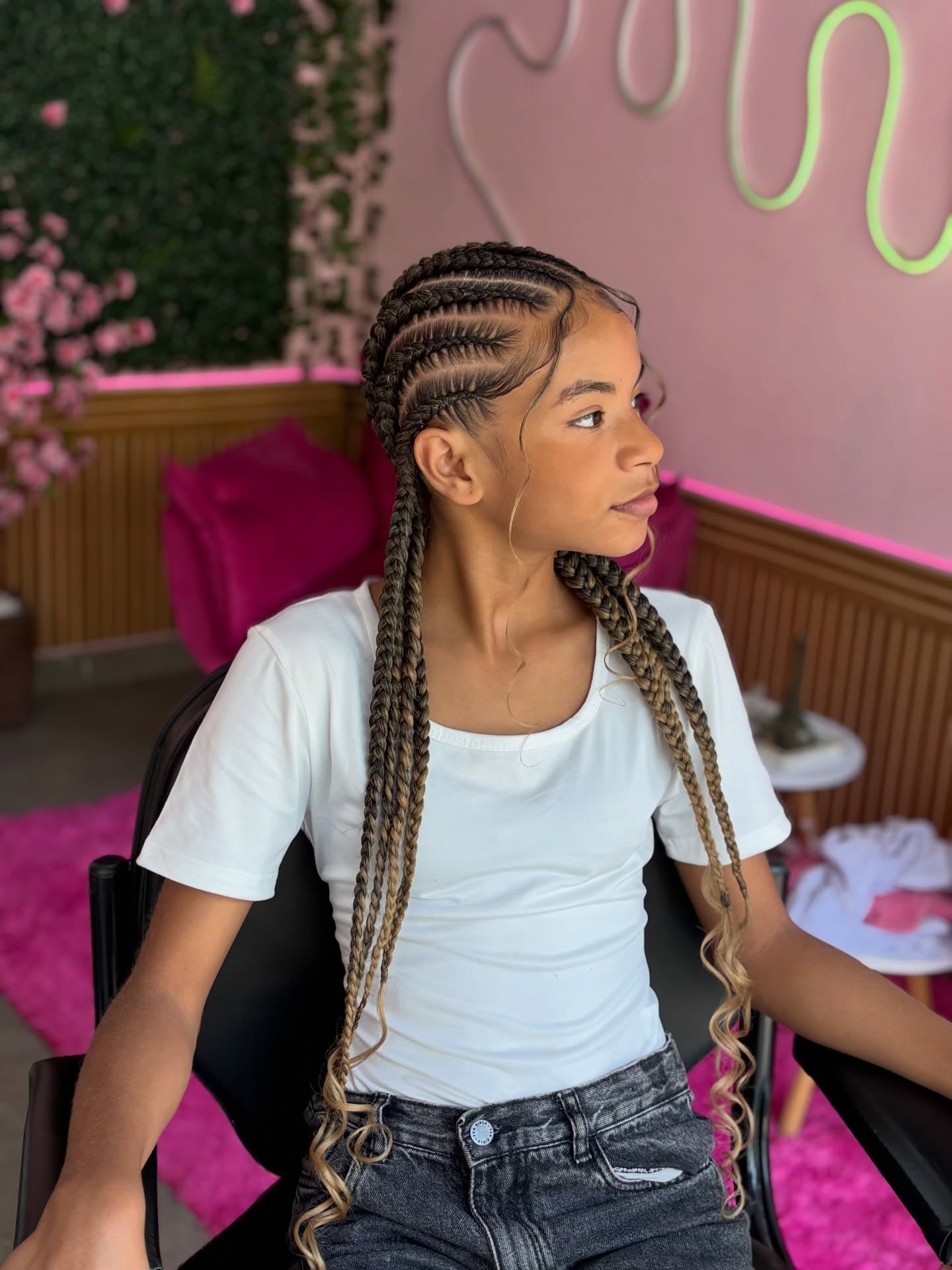 Curved Feed-In Cornrows with Ombre Twisted Ends