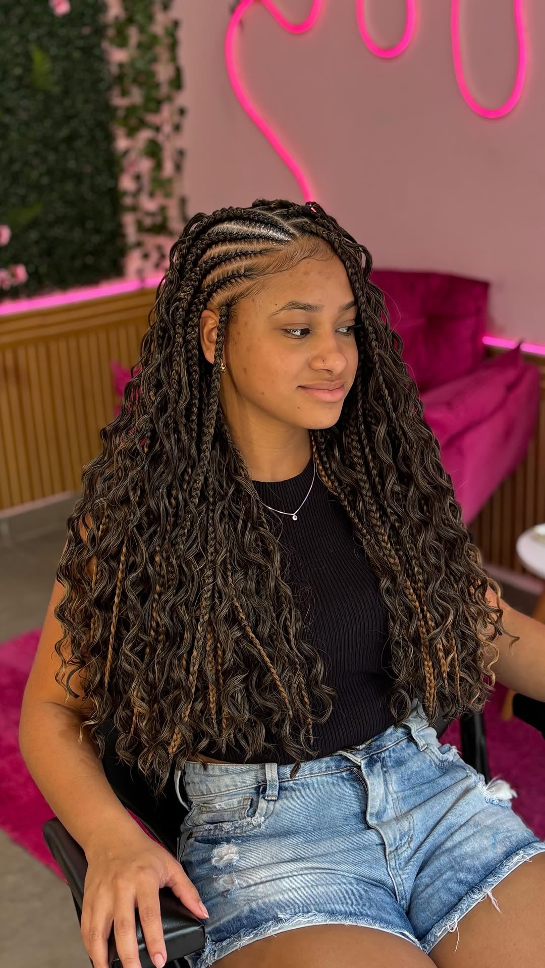 Diagonal Feed-In Cornrows with Cascade Water-Wave Curls