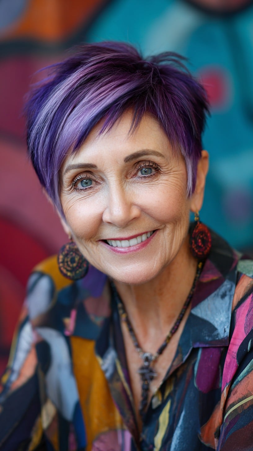 Edgy Violet Razor Pixie with Textured Micro-Bang