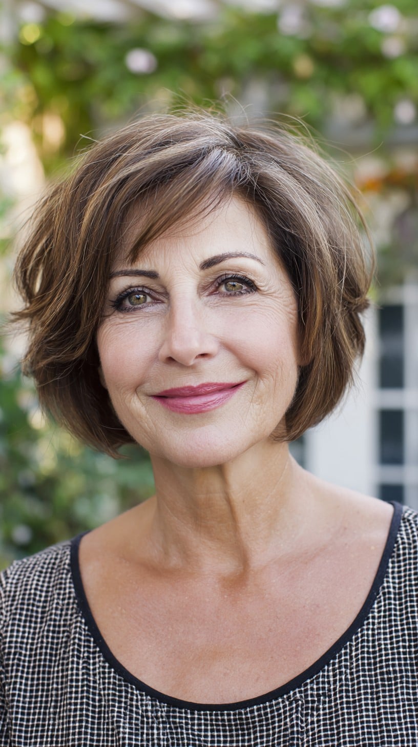 Feathered Chestnut Stacked Bob with Side-Swept Micro-Fringe