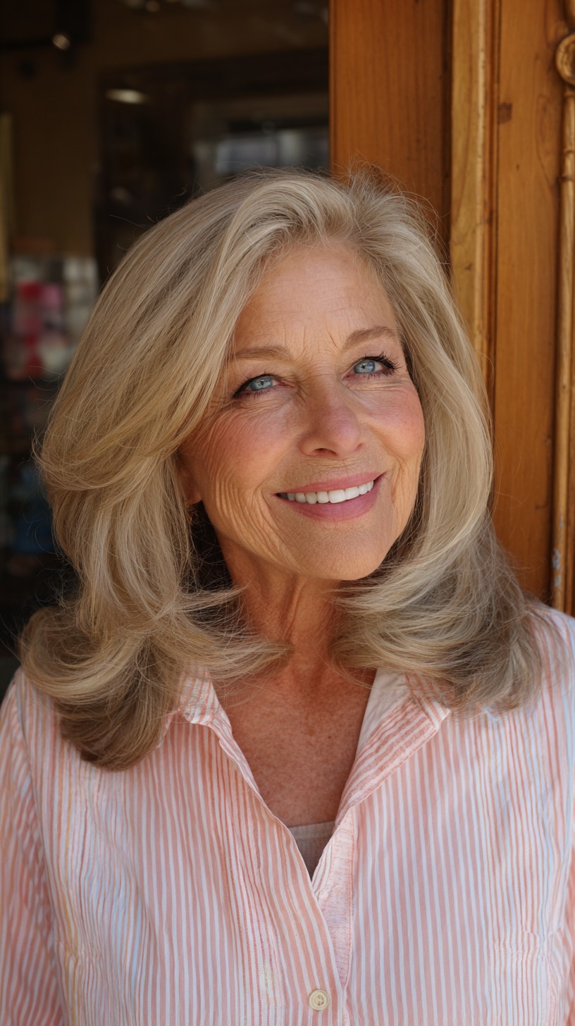 Feathered Shoulder-Length Layers with Side-Swept Curtain Fringe