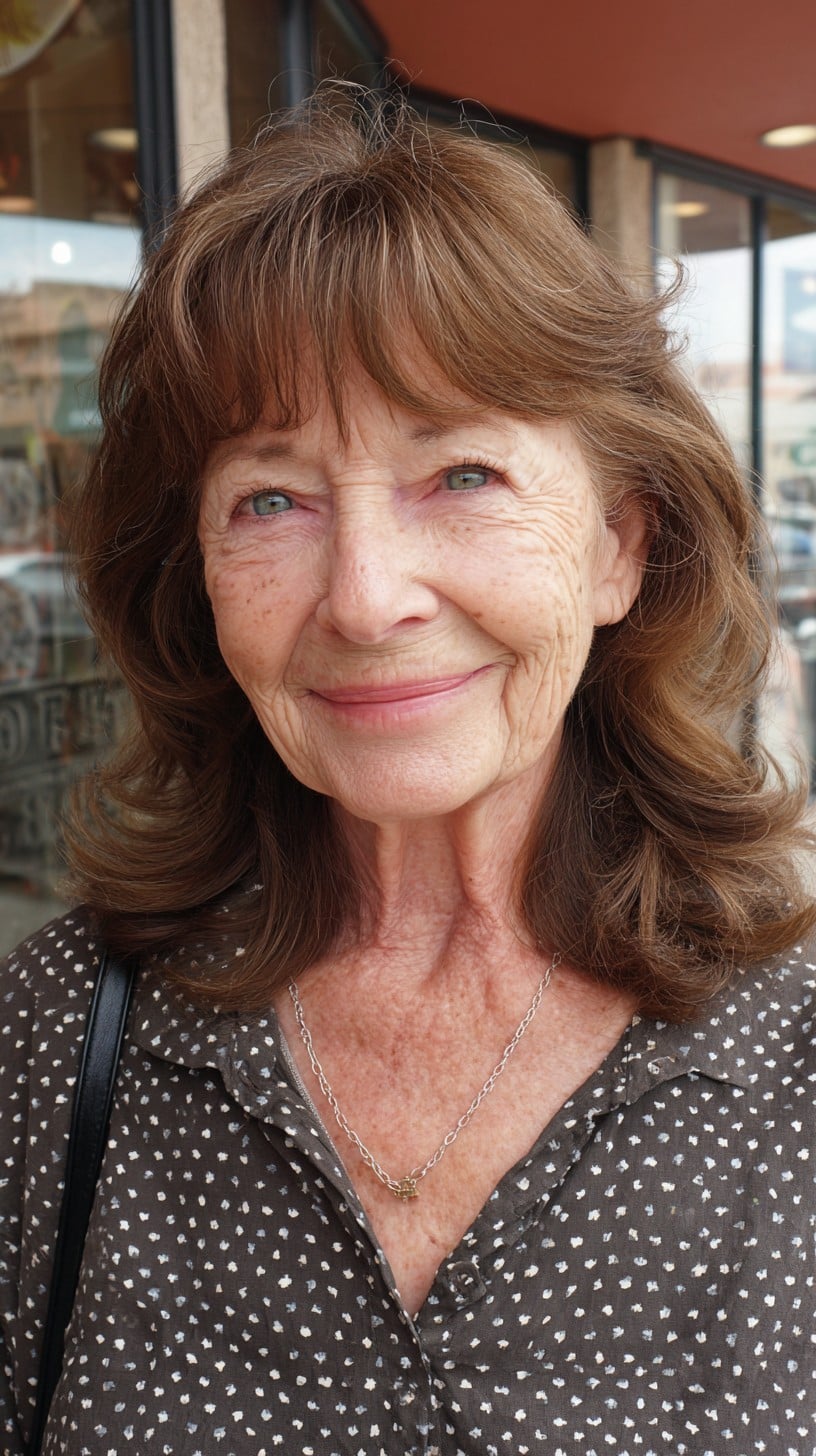 Gentle Chestnut Shoulder-Length Shag with Wispy Brow-Skimming Fringe and Gray Blend