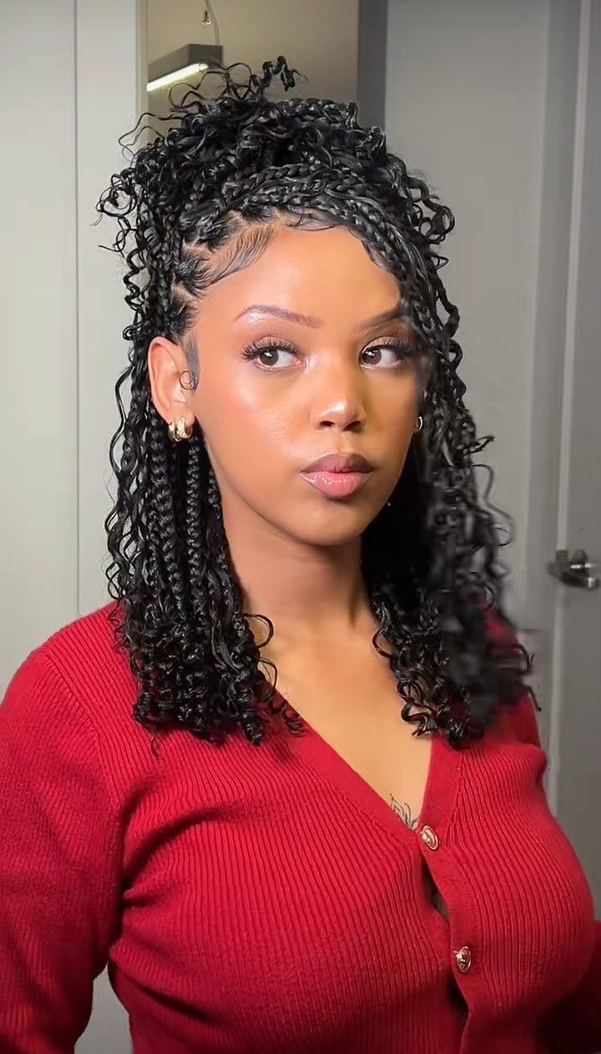 Half-Up Braided-Curl Shoulder-Length Style with Laid Edges