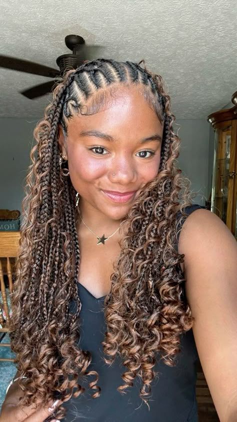 Half-Up Feed-In Cornrows with Micro Braids and Caramel Spiral Ends