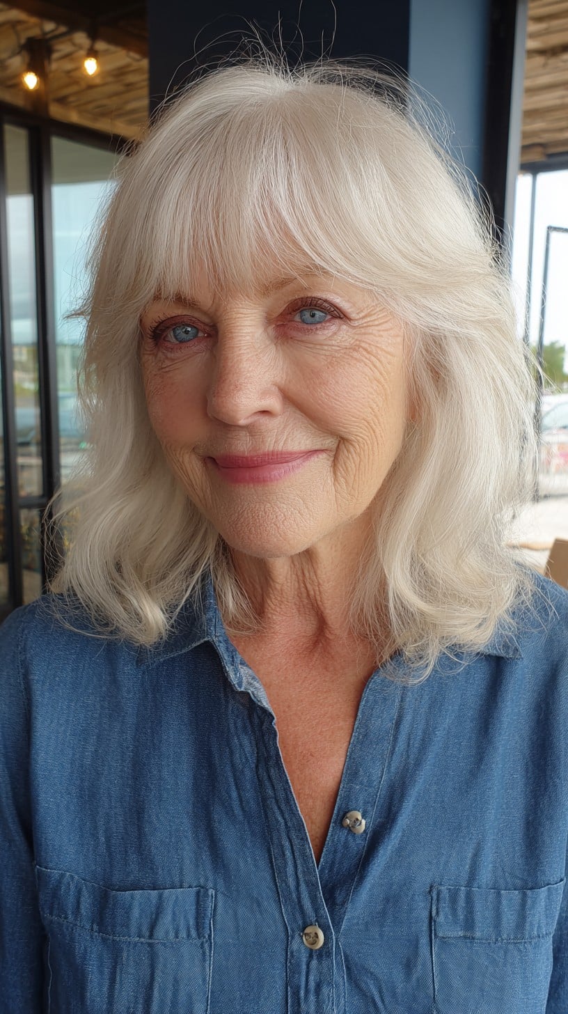 Ivory Shoulder-Length Shag with Airy Brow-Skimming Fringe
