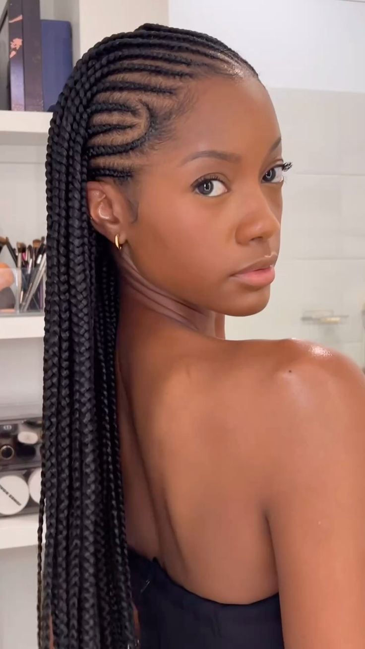 Knotless Feed-In Side-Swept Box Braids with Sculpted Crescent Parting