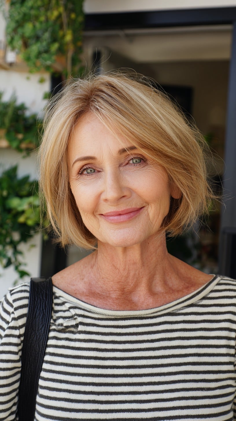 Light Blonde Chin-Length Bob with Root Shadow and Feathered Ends