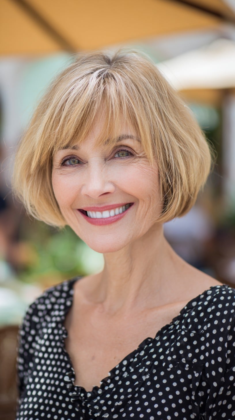 Light Blonde Rounded Bob with Wispy Micro-Bang and Subtle Root Shadow