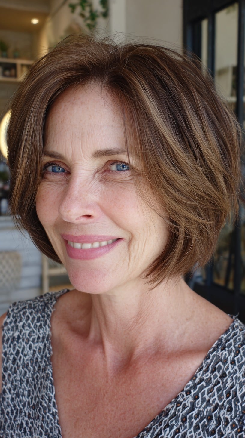 Light Brunette Rounded Stacked Bob with Soft Micro-Layers