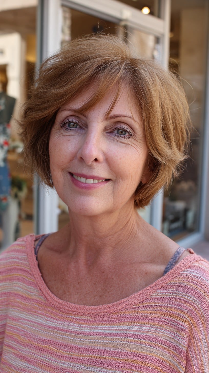 Light Chestnut Feathered Chin-Length Bob with Side-Swept Mini-Bang