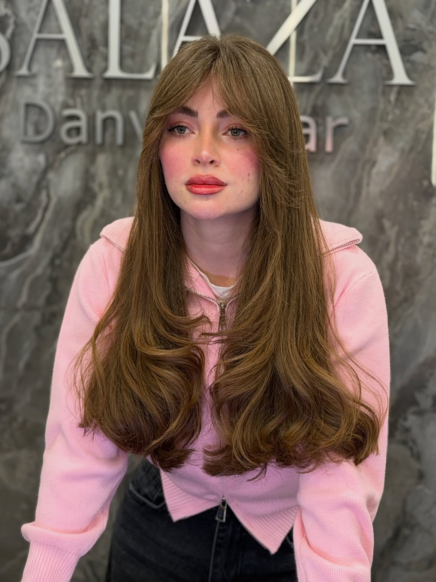 Long Face-Framing Curtain Fringe with Rounded Blowout Layers