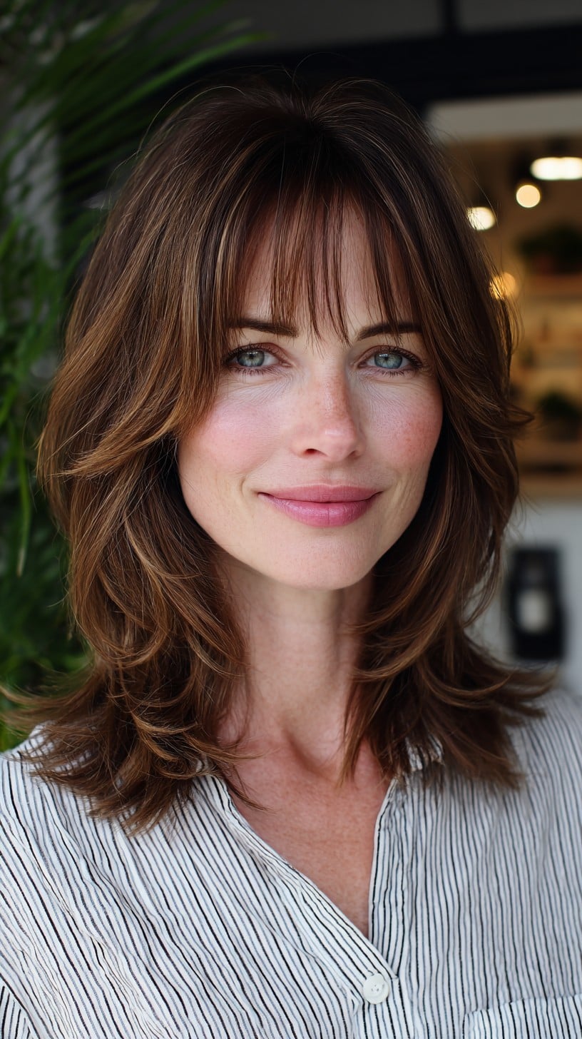 Mid-Length Face-Framing Layers with Blunt Micro-Bangs