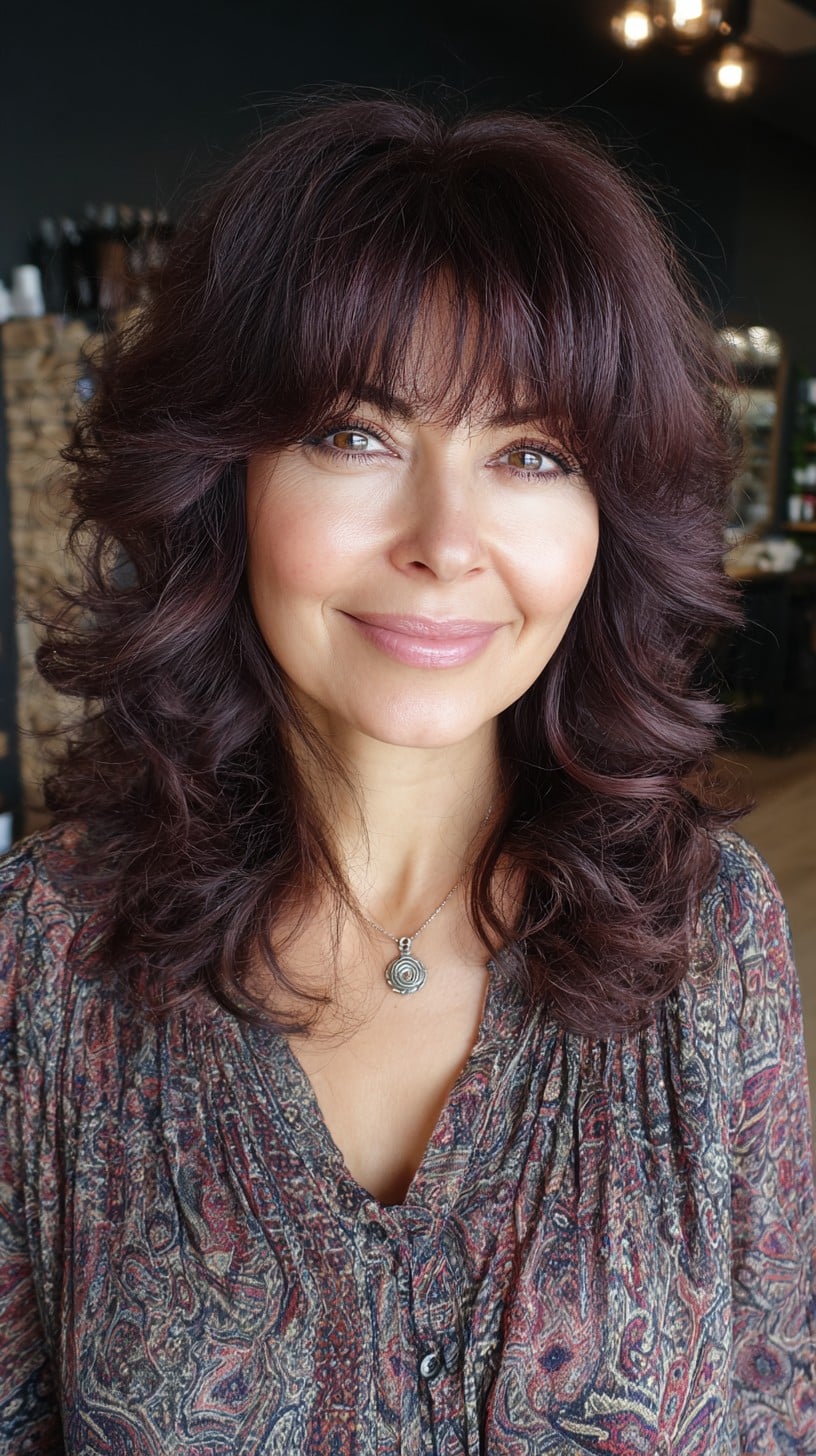 Plum Auburn Layered Hush Cut with Wispy Curtain Fringe