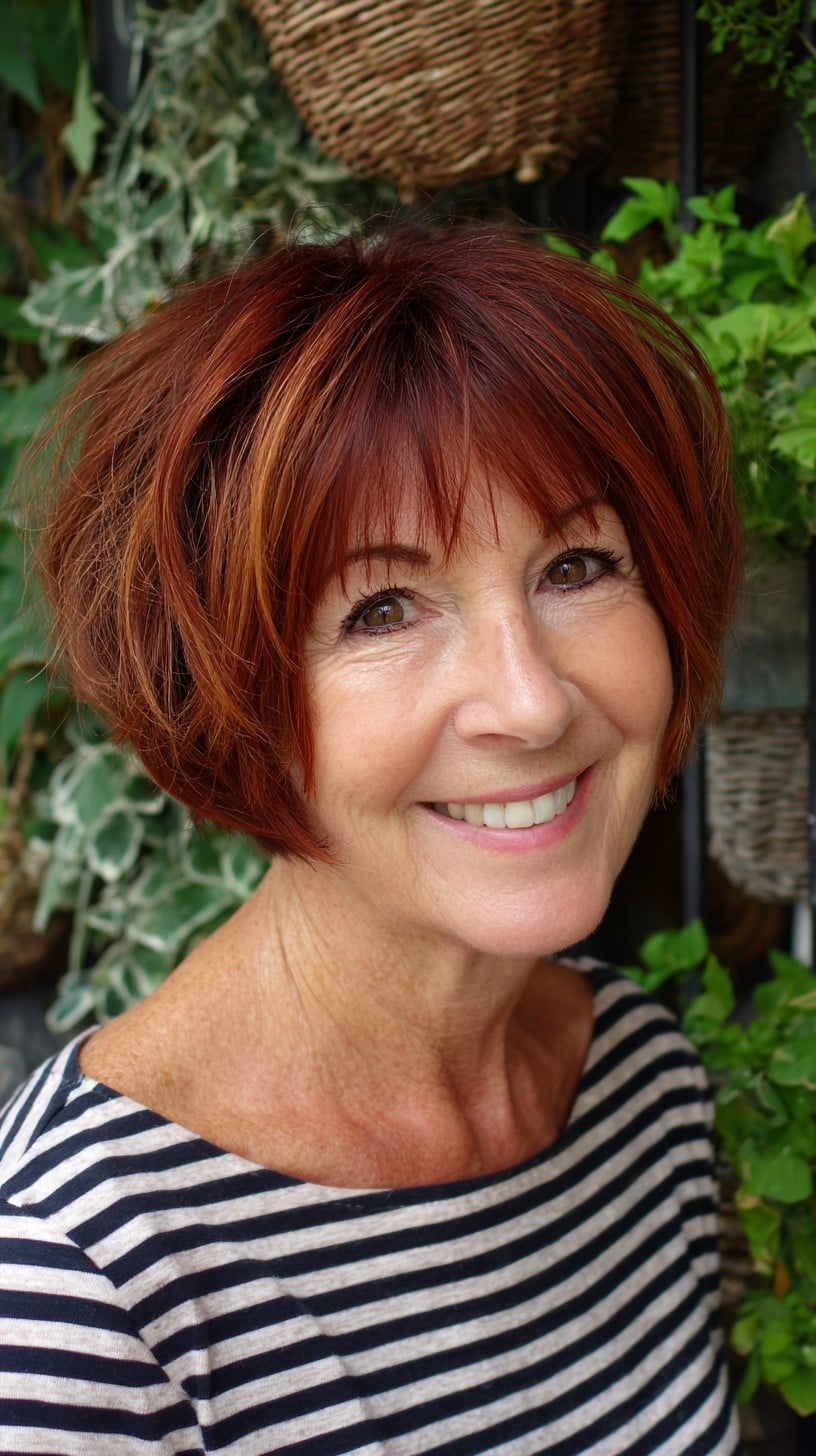 Razor-Textured Copper Stacked Bob with Soft Fringe