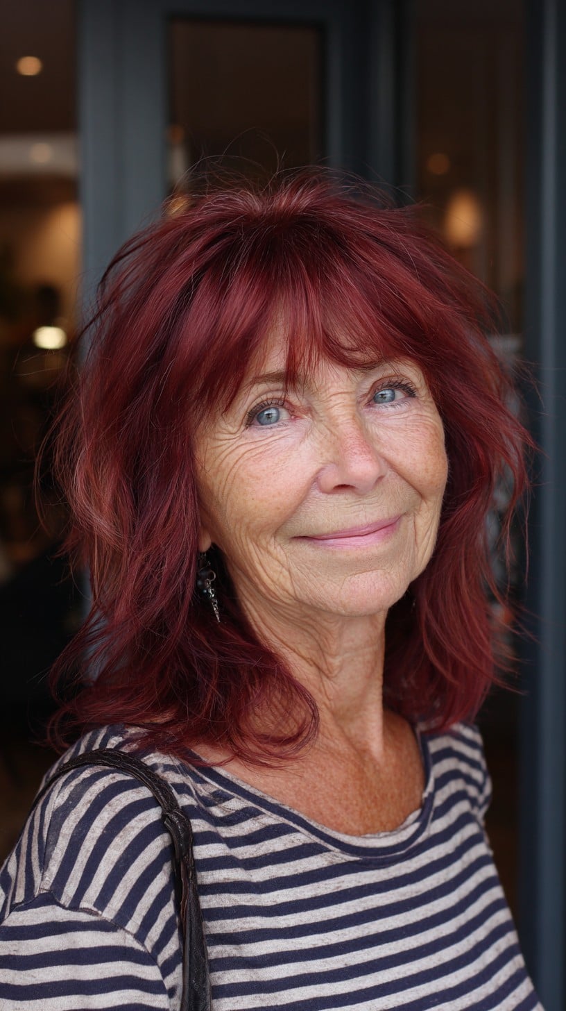 Rich Wine-Red Shoulder Shag with Piecey Fringe and Root Shadow