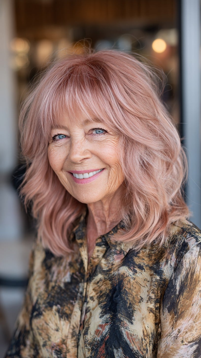Rose-Gold Layered Shoulder Shag with Wispy Blunt Fringe