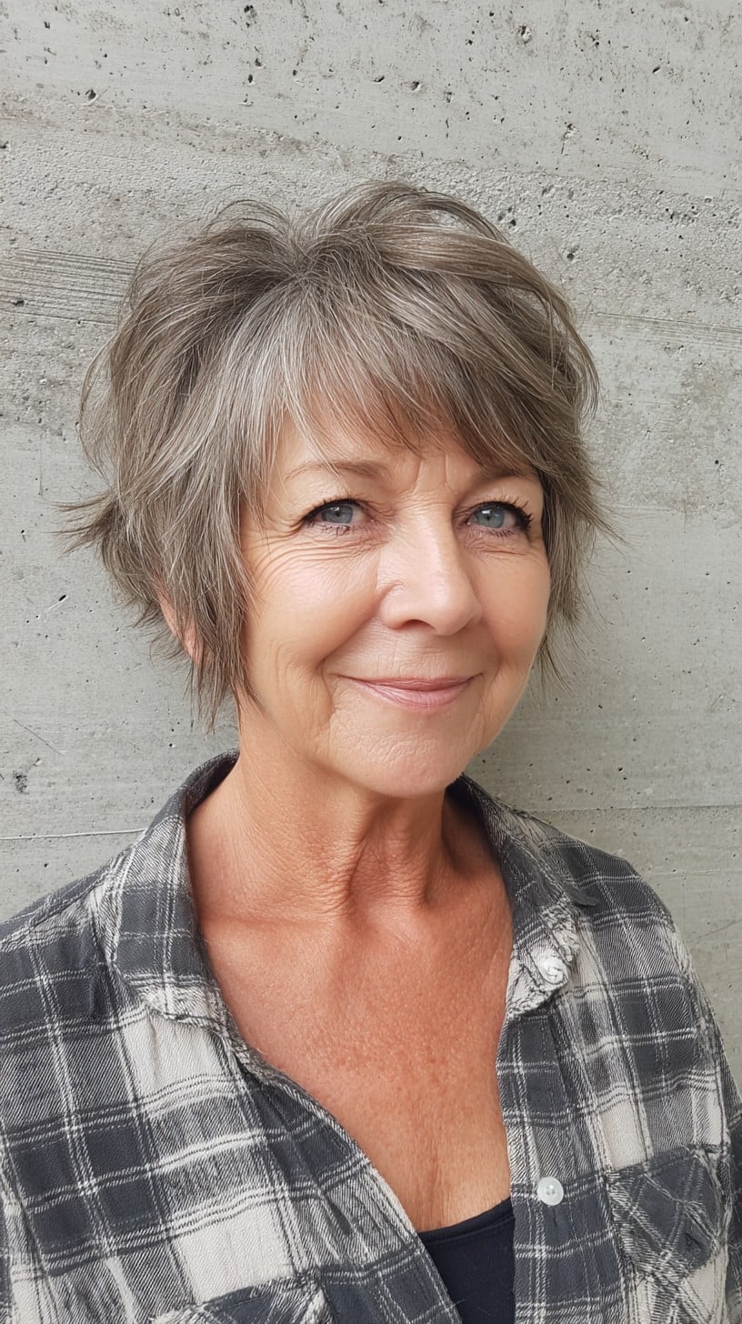 Salt-and-Pepper Razor-Textured Short Pixie with Feathered Side Bangs