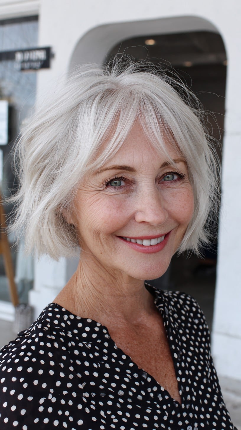 Silver Razor-Textured Jaw-Length Bob with Soft Curtain Fringe