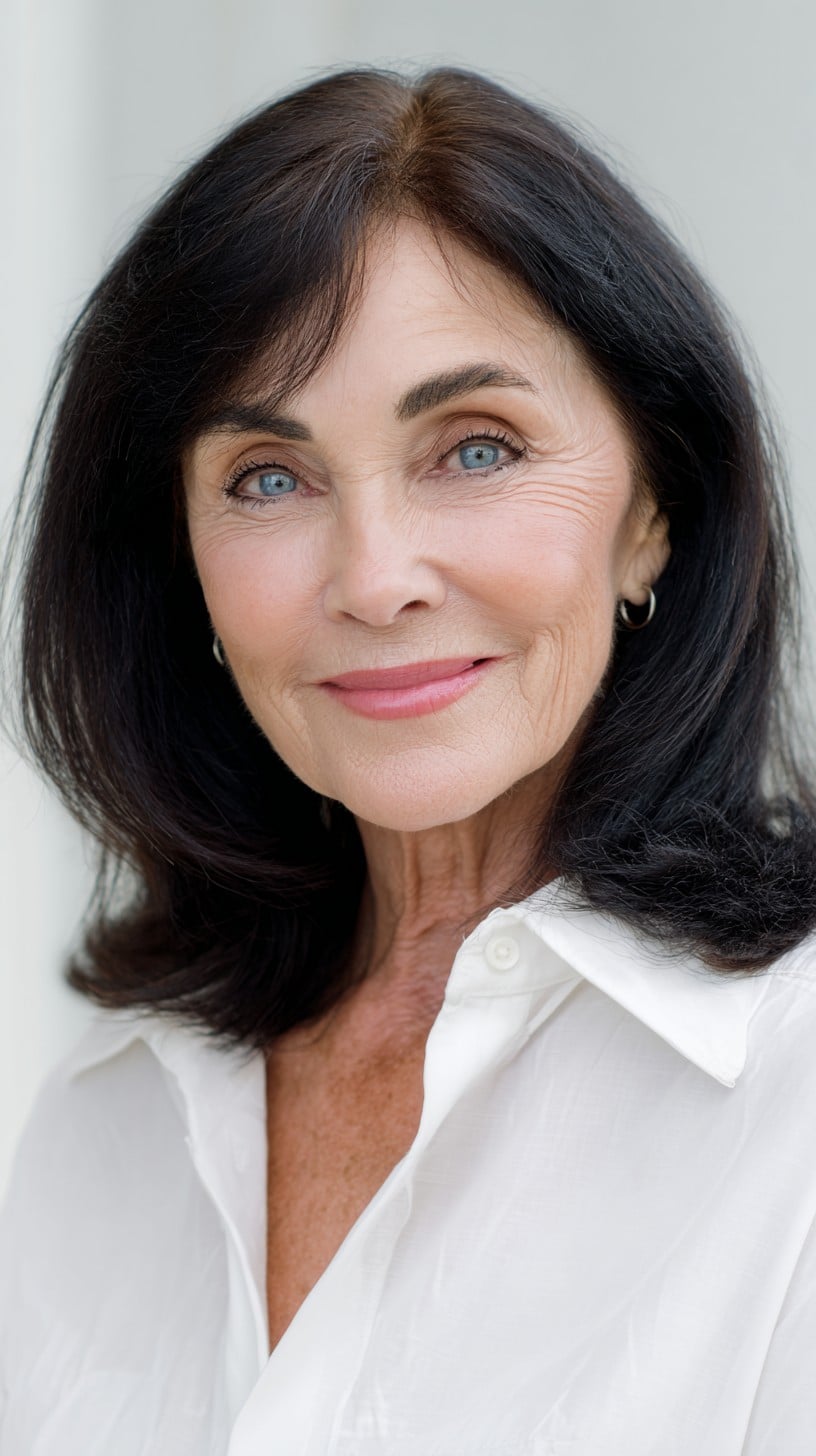 Sleek Dark Shoulder-Length Lob with Soft Curtain Fringe