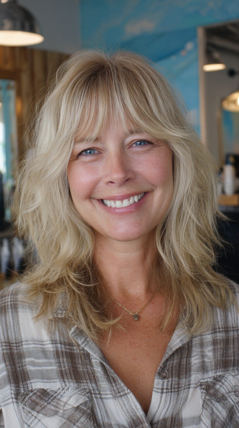 Soft Ash-Blonde Mid-Length Shag with Gentle Center Fringe