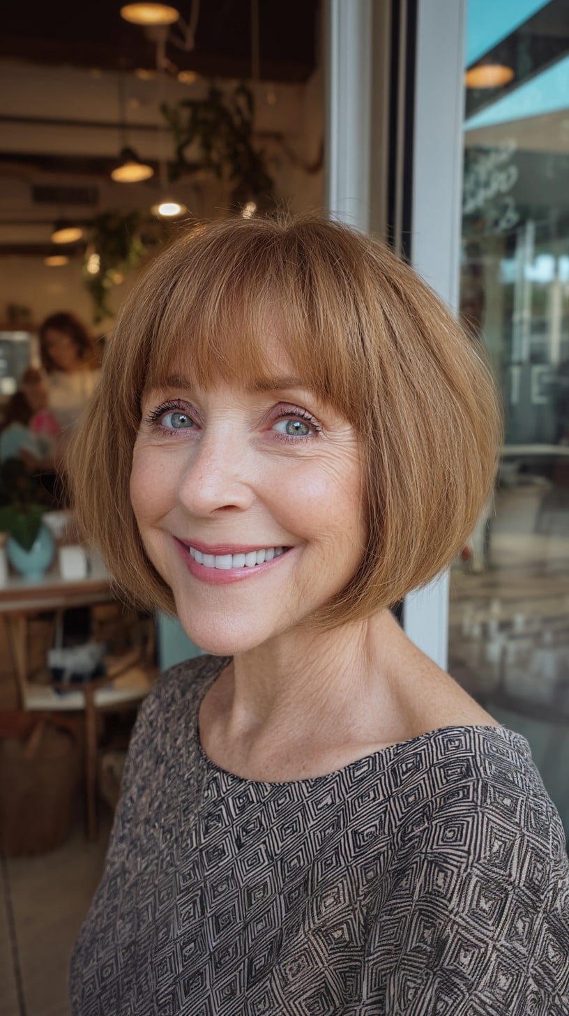 Soft Auburn Rounded Chin-Length Bob with Sheer Eye-Grazing Fringe and Internal Stacking