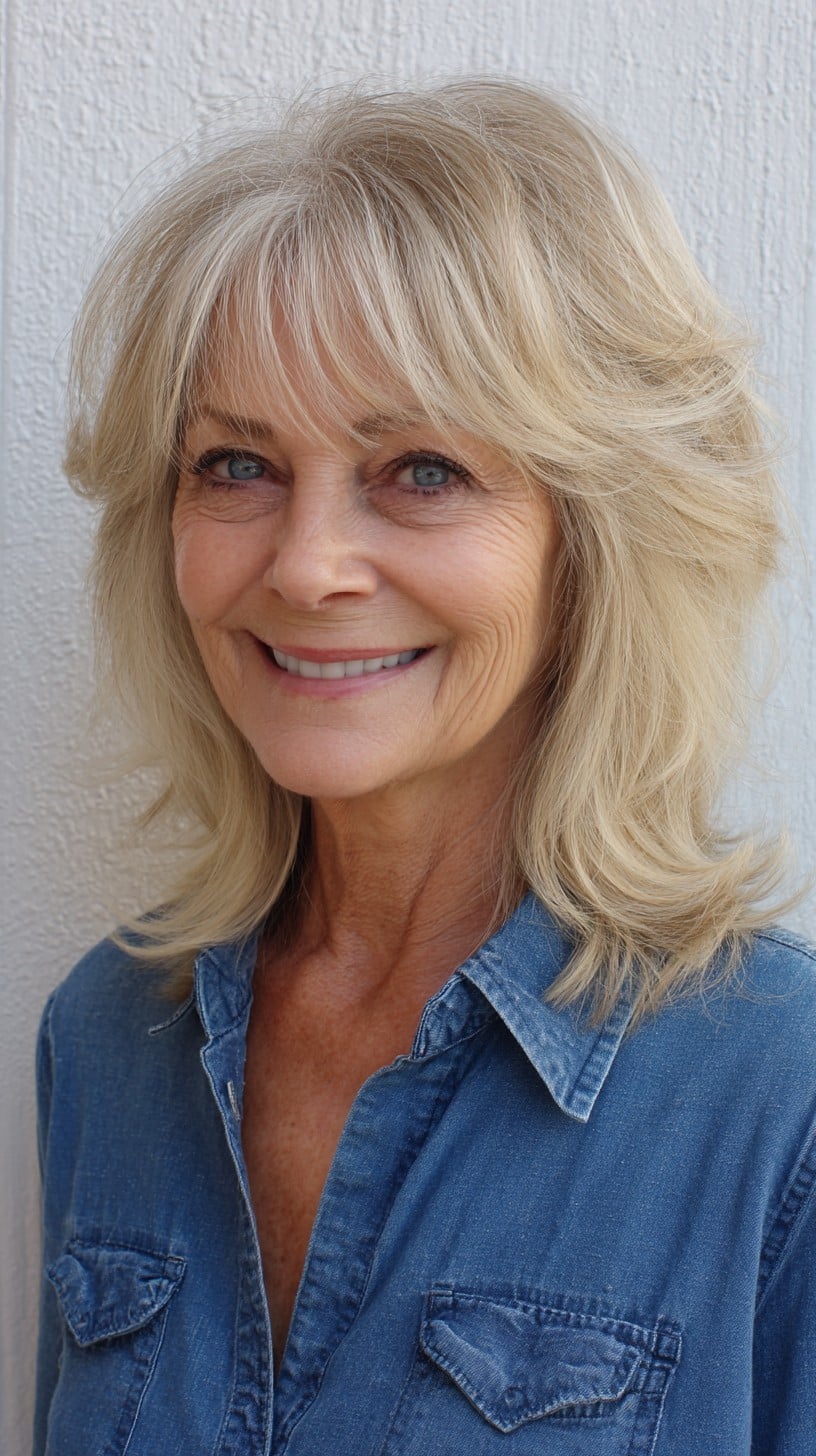 Soft Blonde Mid-Length Shag with Delicate Wispy Fringe