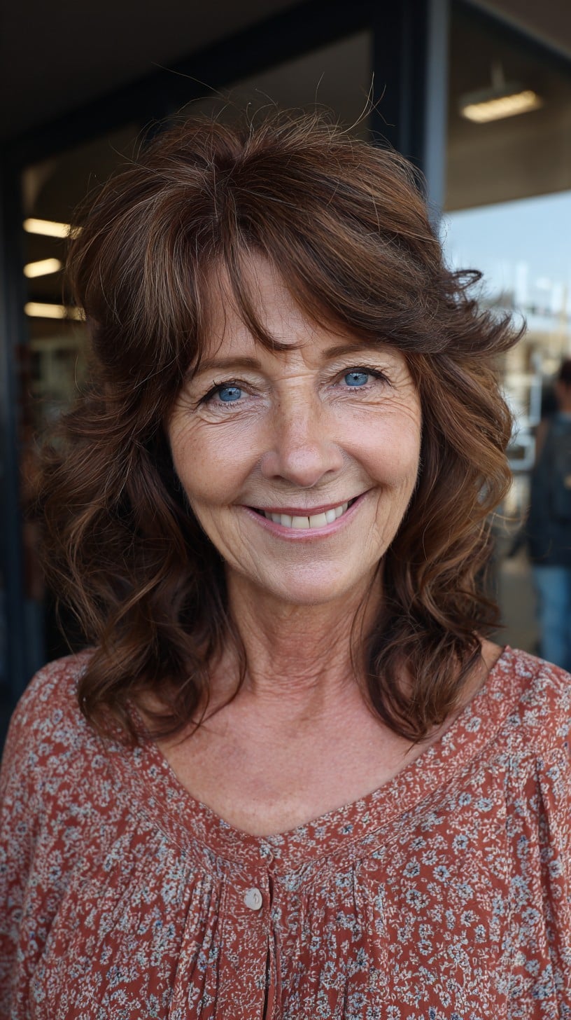 Soft Brunette Shoulder-Length Shag with Rounded Layers and Subtle Curtain Fringe