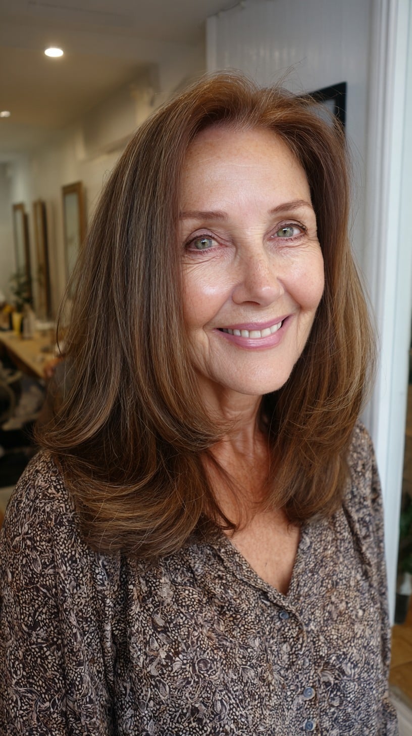 Soft Chestnut Shoulder-Length Layers with Lifted Curtain Top